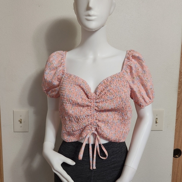 Elodie peach rouched smocked floral print crop top size large - Picture 2 of 12